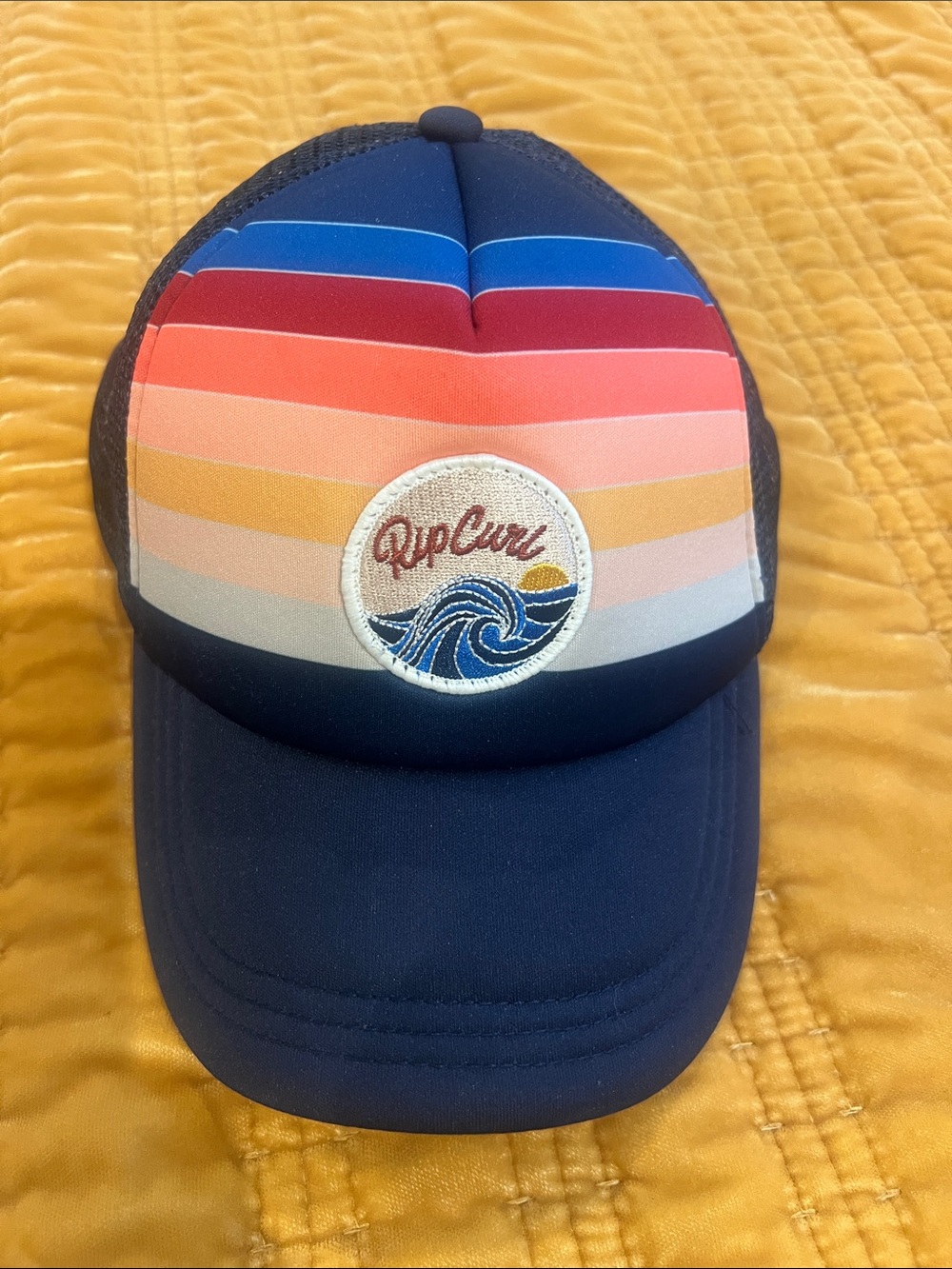 Rip Curl trucker hat OSFM ~ colored patch on a navy hat 🧡❤️💙💛with bright stripes